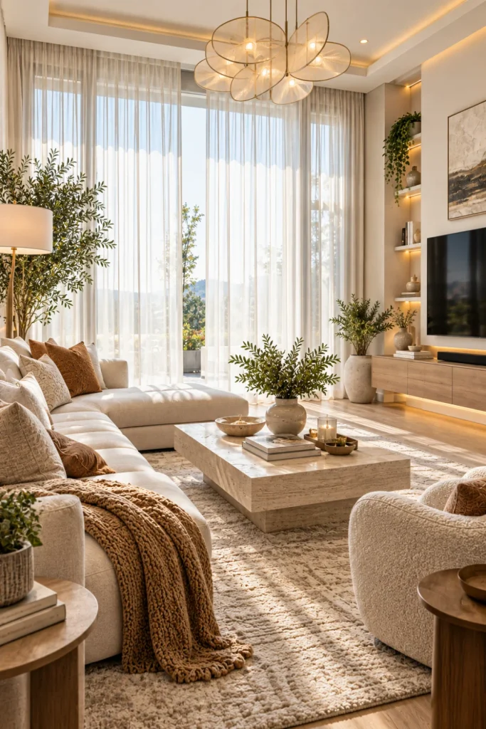 Bright airy modern living room with sheer white curtains, natural daylight, cream seating, light wood furniture, greenery, and contemporary luxury décor.