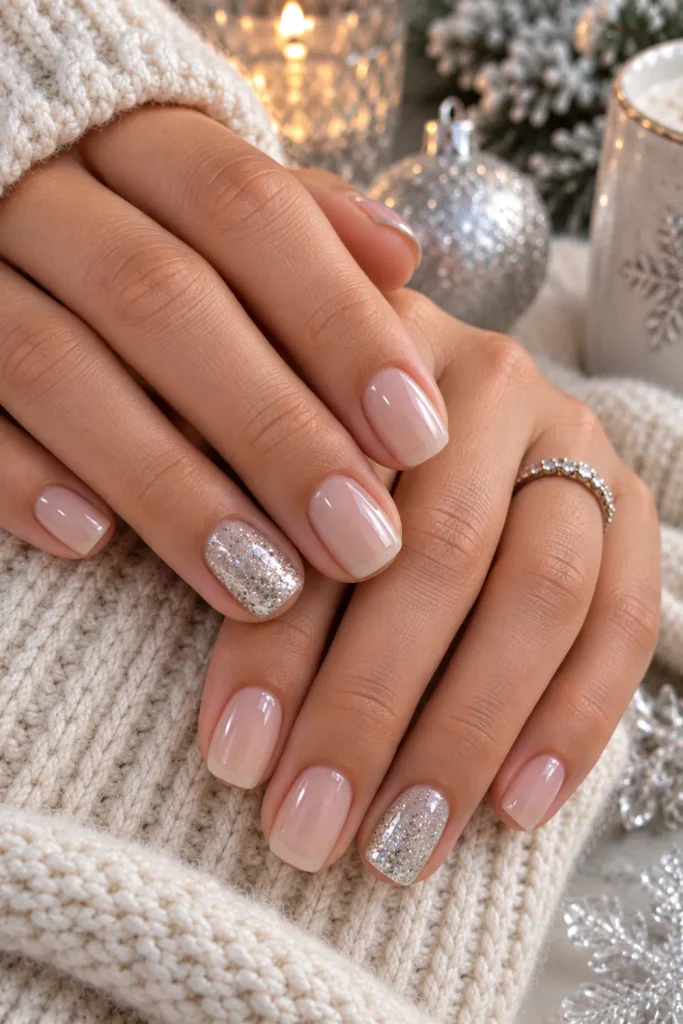 Short neutral winter nails with delicate silver glitter accent nails, glossy finish, and elegant contemporary styling for 2026.