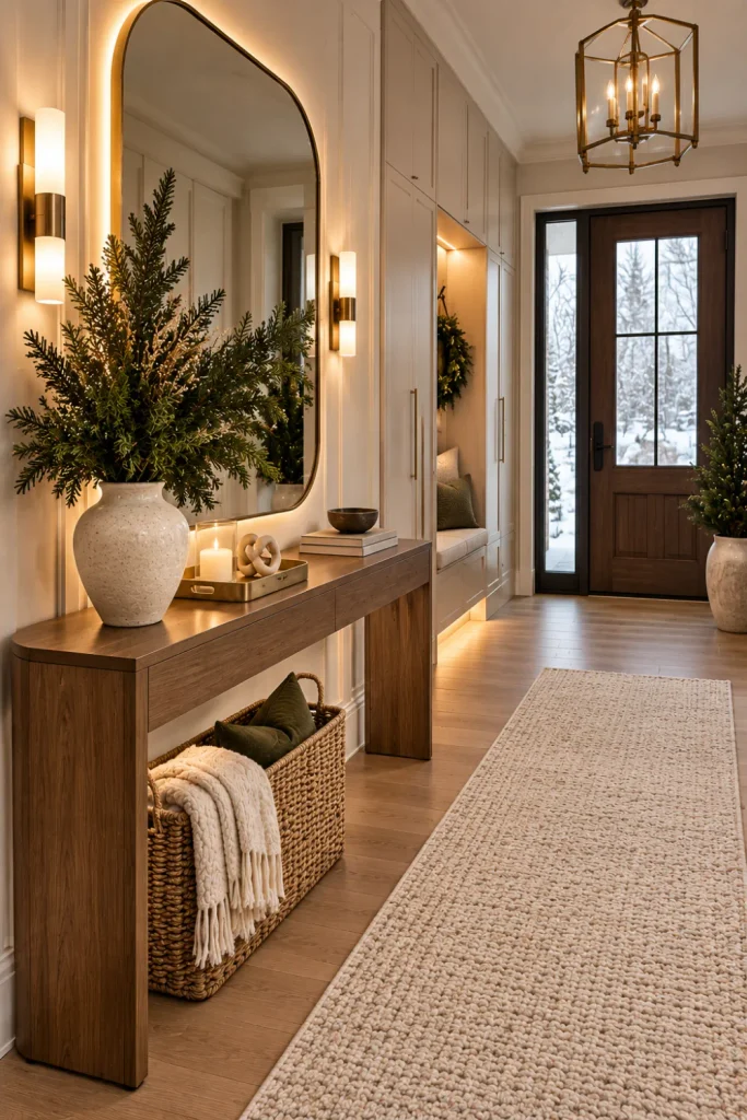 Simple elegant winter entryway featuring a slim console, large modern mirror, cream décor, subtle brass accents, greenery, and warm contemporary lighting.