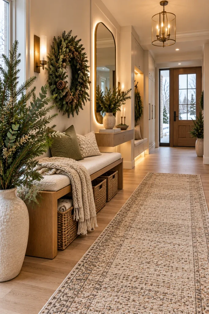 Simple elegant winter entryway featuring a slim console, large modern mirror, cream décor, subtle brass accents, greenery, and warm contemporary lighting.