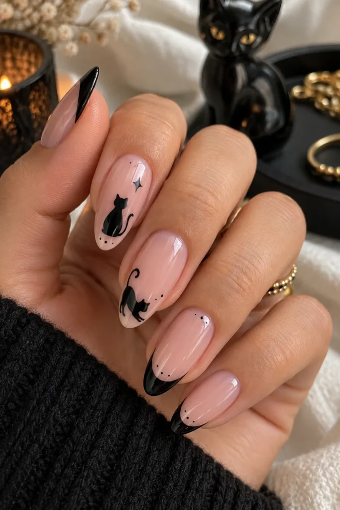 Simple Halloween Almond Nails Design Ideas: Easy looks with sleek almond nails, tiny black cat silhouettes, a soft neutral base, a glossy finish, and chic modern Halloween details.