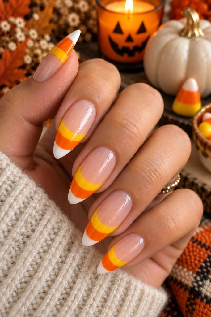Simple Halloween Almond Nails Design Ideas: Easy looks featuring polished almond nails with yellow, vibrant orange, and white candy-corn-inspired French tips.