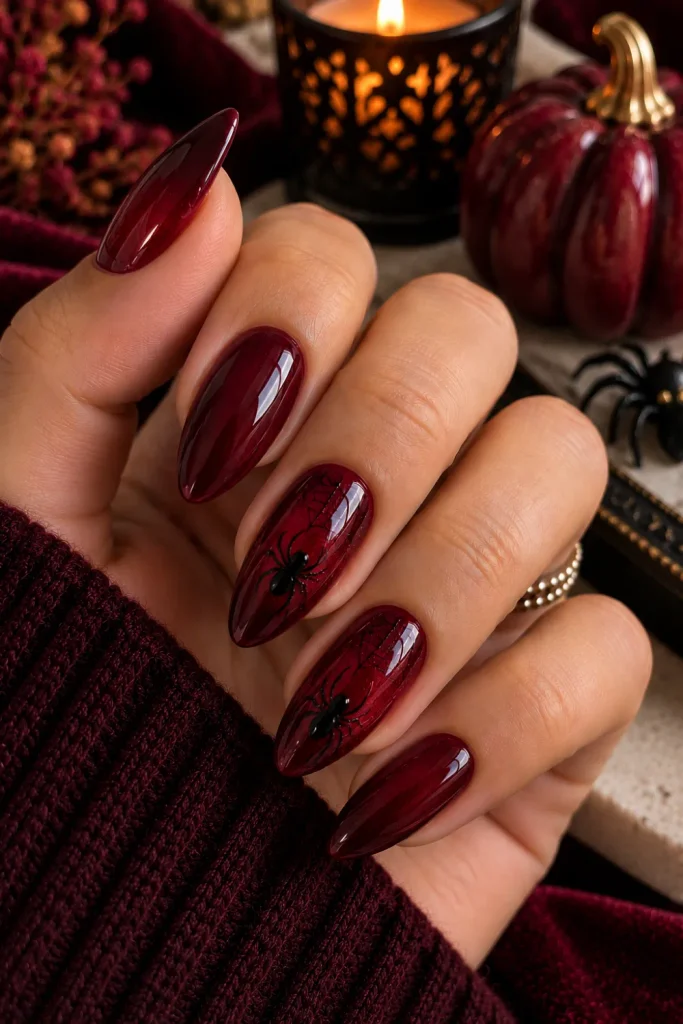 Simple Halloween Almond Nails Design Ideas: Easy looks featuring rich dark cherry-red almond nails with tiny black spider details and an elegant modern Halloween finish.