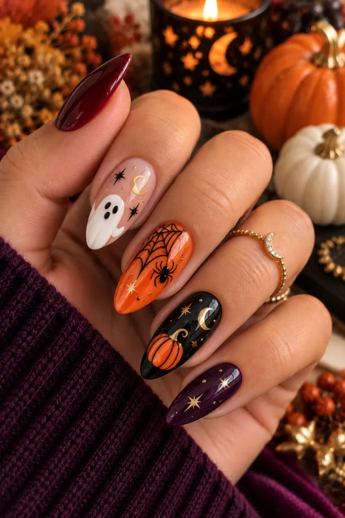 Simple Halloween Almond Nails Design Ideas: Easy Looks features elegant mix-and-match almond nails with pumpkins, ghosts, spiderwebs, stars, and modern Halloween shades.