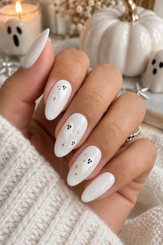 Simple Halloween Almond Nails Design Ideas: Easy looks featuring glossy white almond nails with tiny minimalist ghost details and chic contemporary Halloween styling.