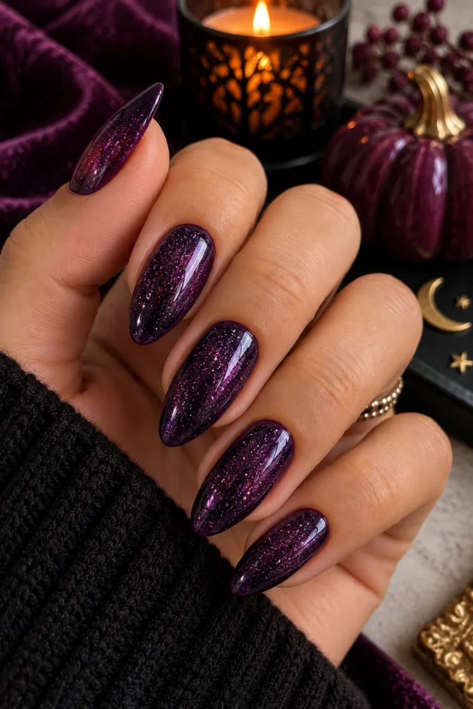 Simple Halloween Almond Nails Design Ideas: Easy looks featuring deep haunted purple glitter almond nails with subtle sparkle and an elegant modern Halloween aesthetic.
