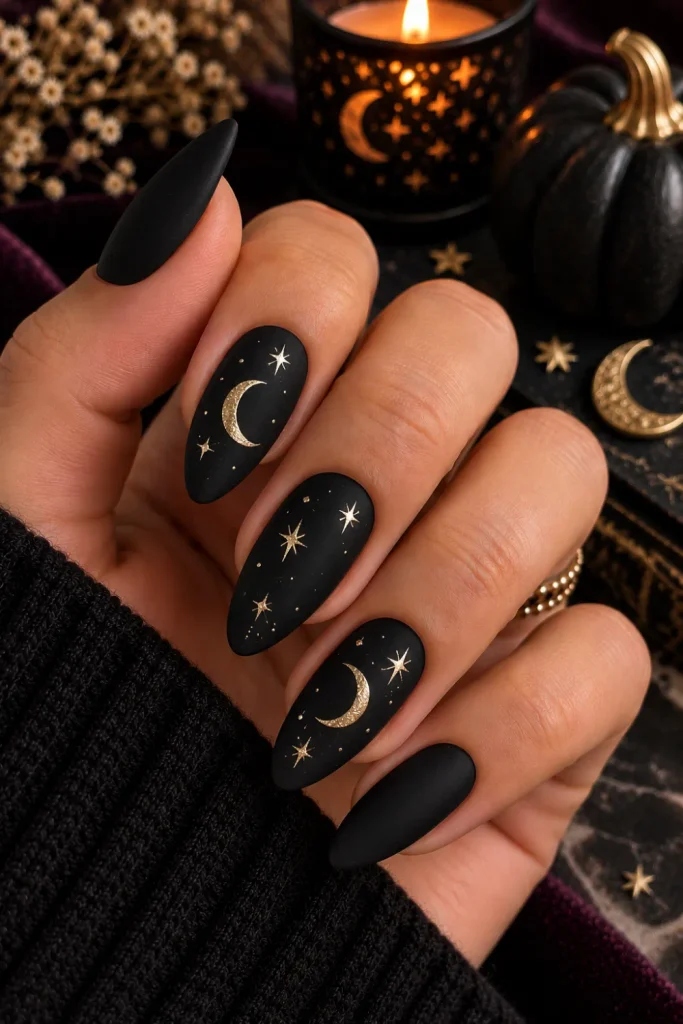 Simple Halloween Almond Nails Design Ideas: Easy Looks featuring matte black almond nails with delicate moon and star accents for a chic witchy Halloween manicure.