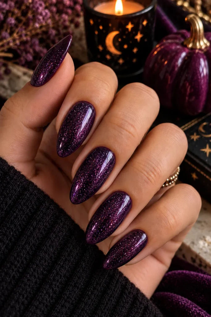 Simple Halloween Almond Nails Design Ideas: Easy Looks features tiny pumpkins and friendly ghost accents on clean glossy almond nails in modern Halloween colors.