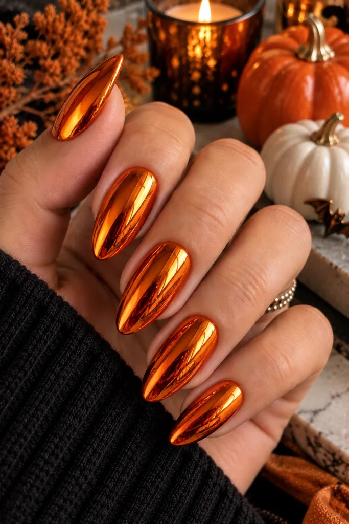 Simple Halloween Almond Nails Design Ideas: Easy looks featuring reflective orange chrome almond nails with a vibrant modern metallic Halloween finish.