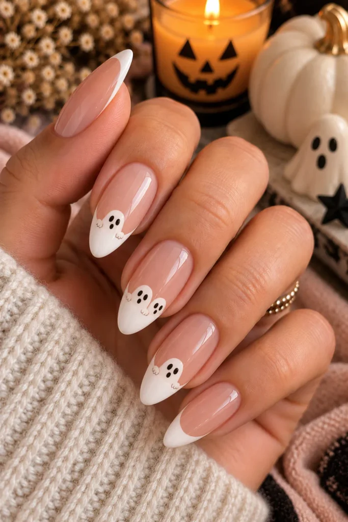 Simple Halloween Almond Nails Design Ideas: Easy looks featuring elegant French almond nails with tiny peekaboo ghost accents and chic modern Halloween styling.