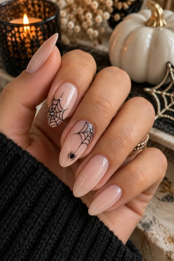 Simple Halloween Almond Nails Design Ideas: Easy looks with delicate black spiderweb accents on elegant almond nails, glossy neutral polish, and contemporary Halloween decor.