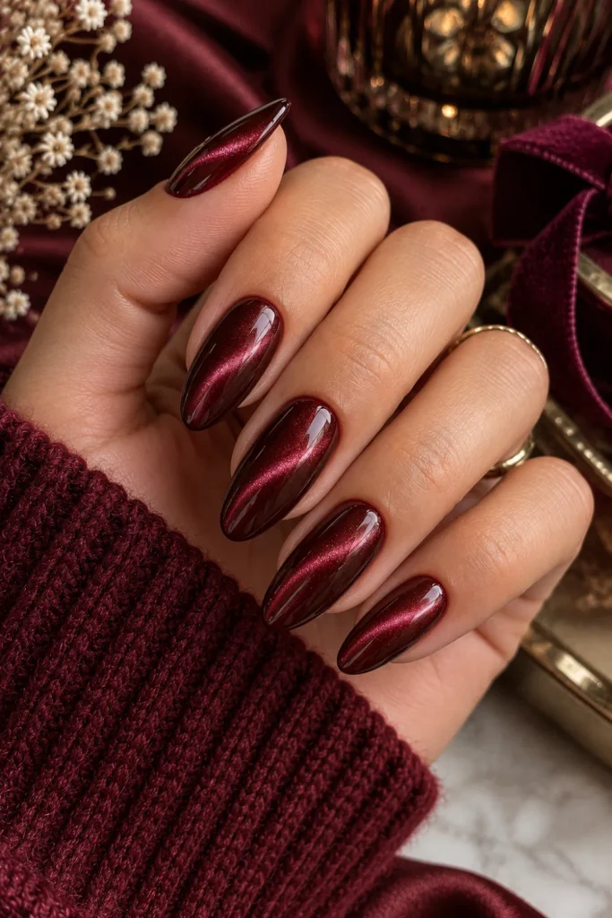 Luxurious burgundy velvet cat-eye nails with magnetic shimmer and glossy almond manicure styled for modern winter autumn nail inspiration.