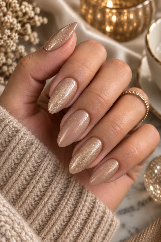 Champagne shimmer neutral nails with beige polish and a delicate golden glow, an elegant modern winter autumn manicure for 2026.