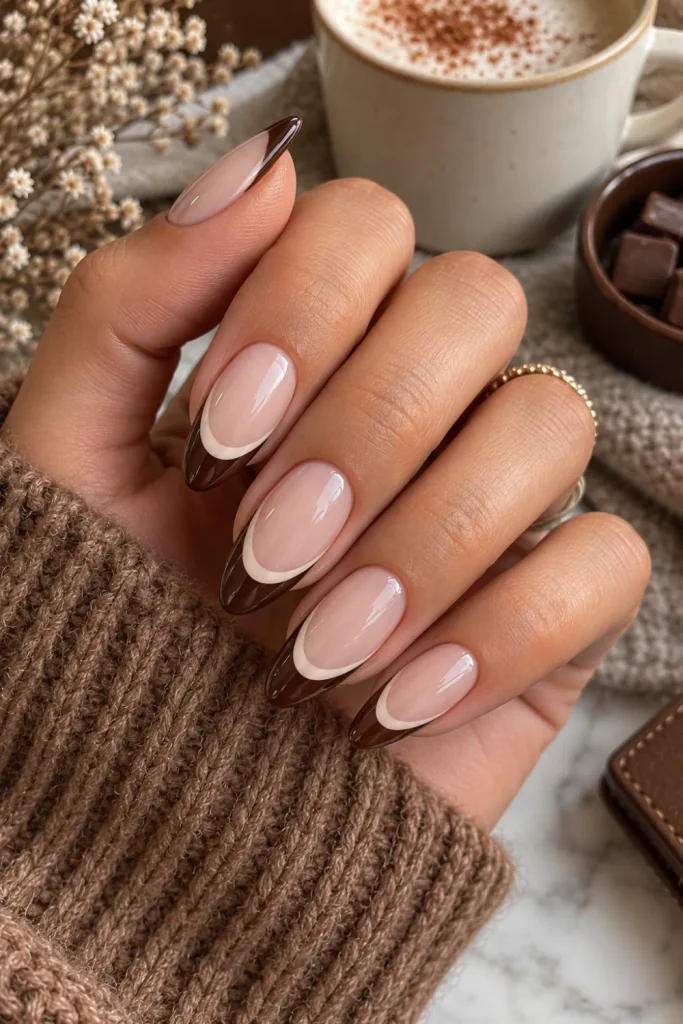 Chocolate brown nails with elegant cream French tips on almond nails, a warm chic winter autumn manicure with a glossy modern finish.