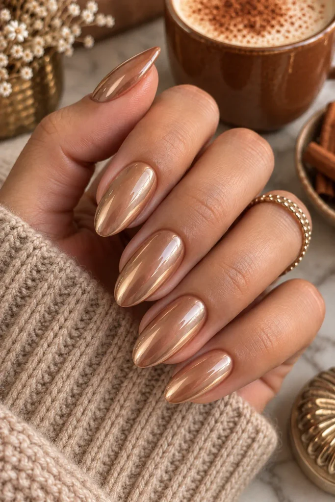 Cinnamon nude chrome nails with a soft metallic glow, an elegant modern neutral winter autumn manicure with glossy almond nails.
