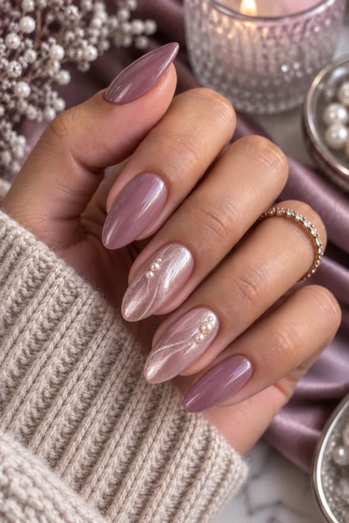 Frosted mauve and pearl accent nails with cool rosy tones, an elegant romantic winter manicure with refined modern 2026 styling.