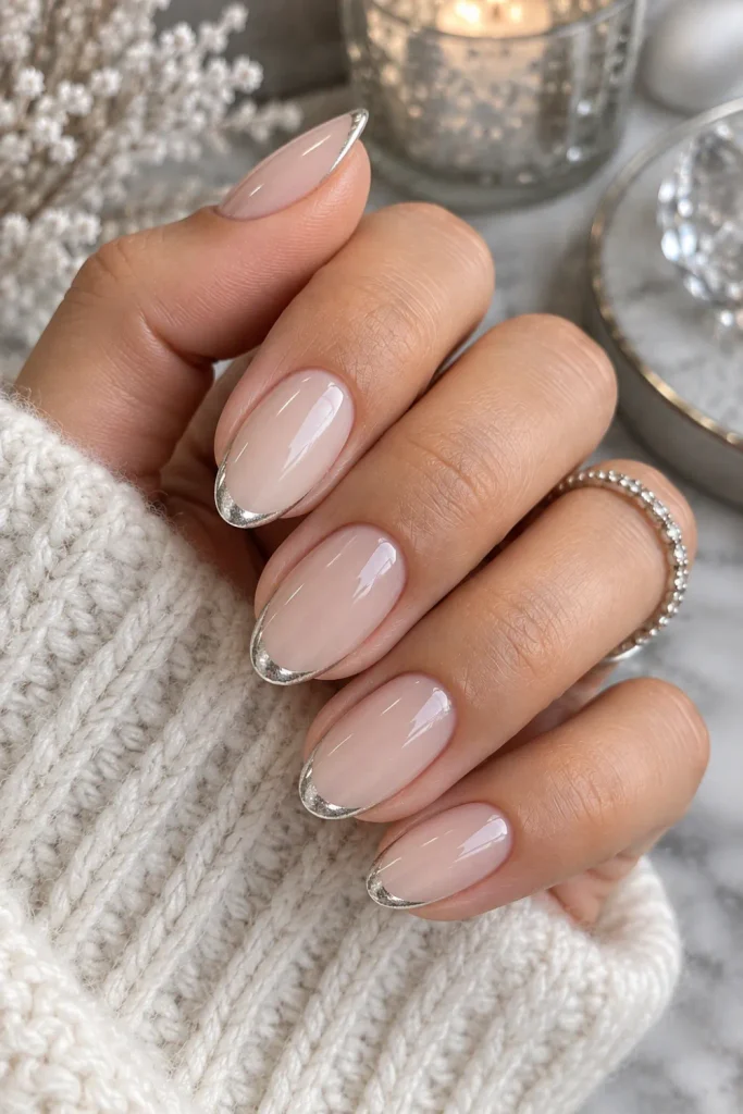 Icy nude nails with delicate silver micro-French tips, crisp elegant winter manicure with glossy contemporary finish.
