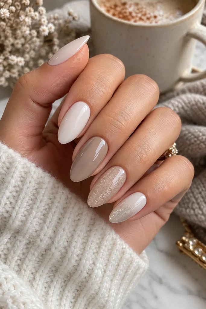 Milky white and frosted taupe winter autumn nails with subtle shimmer, elegant neutral manicure photographed in a modern Pinterest style.