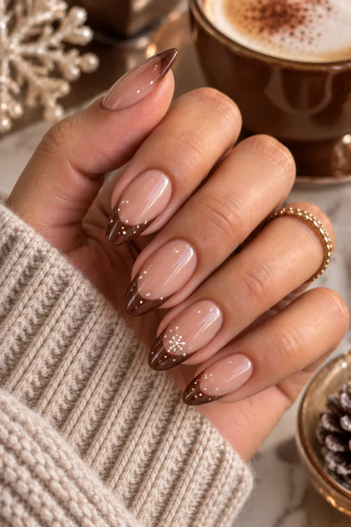 Mocha French nails with tiny white snow dots on a nude base, an understated playful winter autumn manicure with chic 2026 styling.
