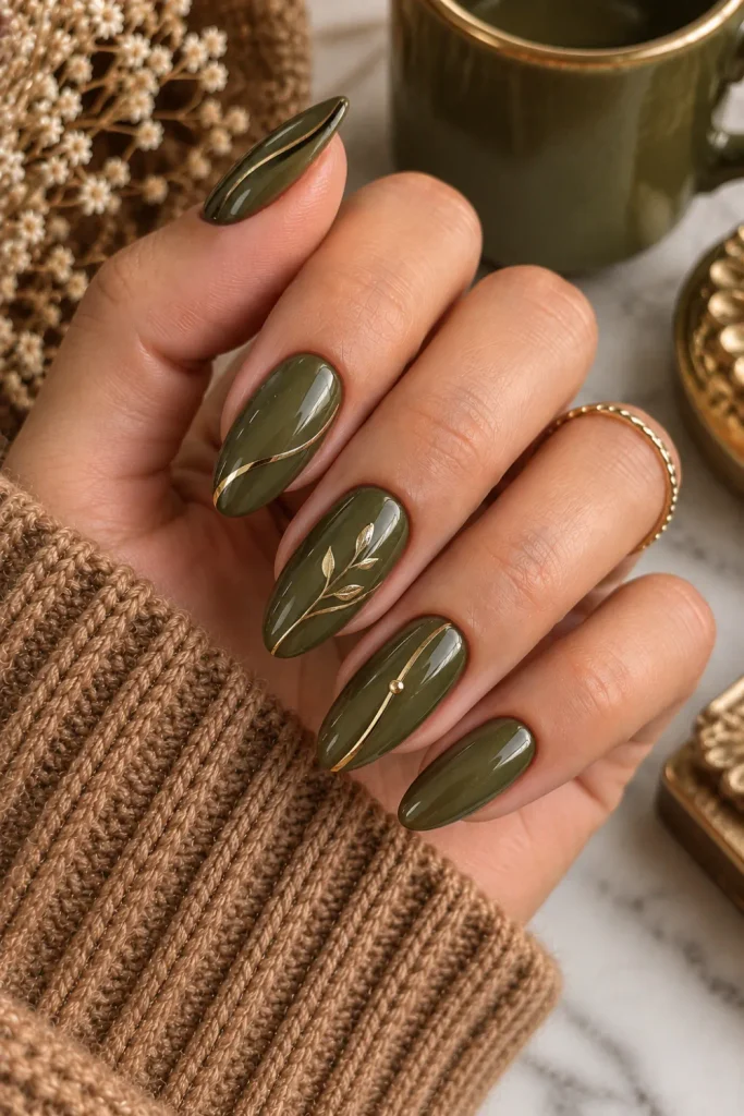 Modern olive green and gold minimalist nails with slim metallic detailing, a chic autumn-to-winter manicure in a contemporary 2026 style.