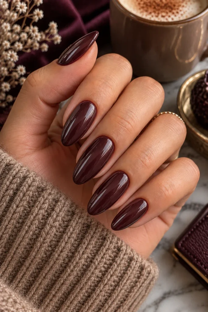 Plum brown glossy nails with a rich moody finish, elegant almond-shaped manicure styled with modern winter autumn nail inspiration.