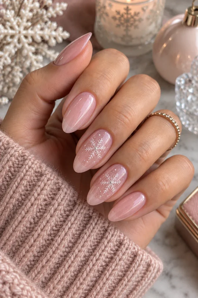Soft pink snowflake accent nails with sheer blush polish and tiny white winter details, a delicate modern 2026 manicure.