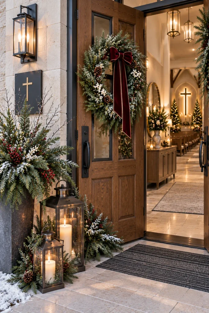 Modern winter church entrance with an evergreen wreath, glowing lanterns, a natural wood door, greenery, and contemporary seasonal décor.