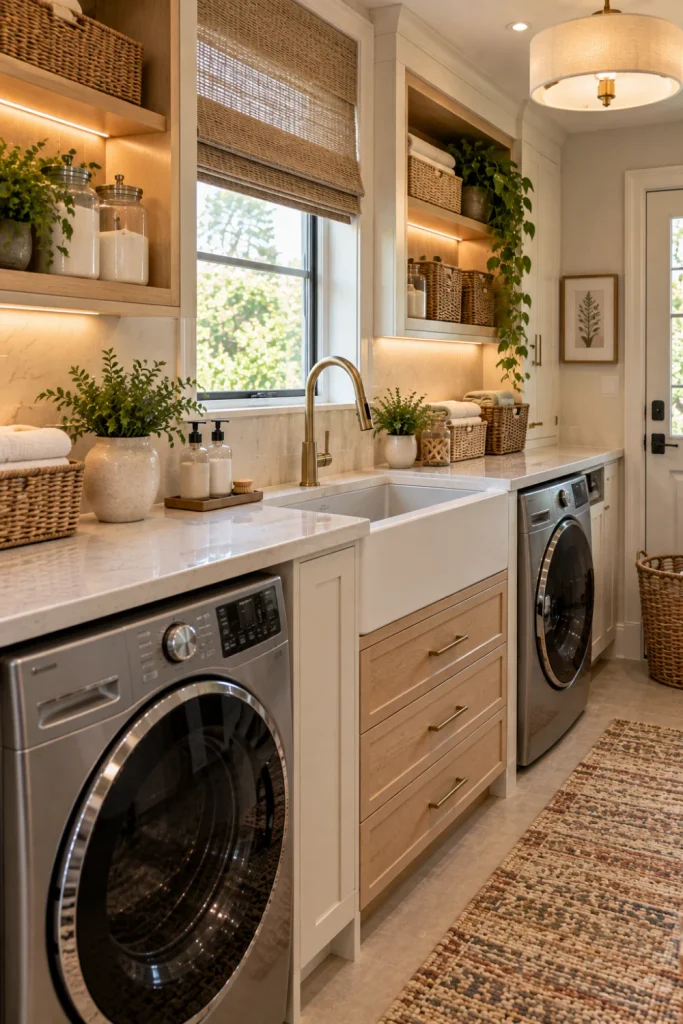 Modern laundry room with a wash tub sink positioned between a front-load washer and dryer beneath one continuous countertop, warm cabinetry, brass faucet, tiled backsplash, woven baskets, and contemporary lighting.