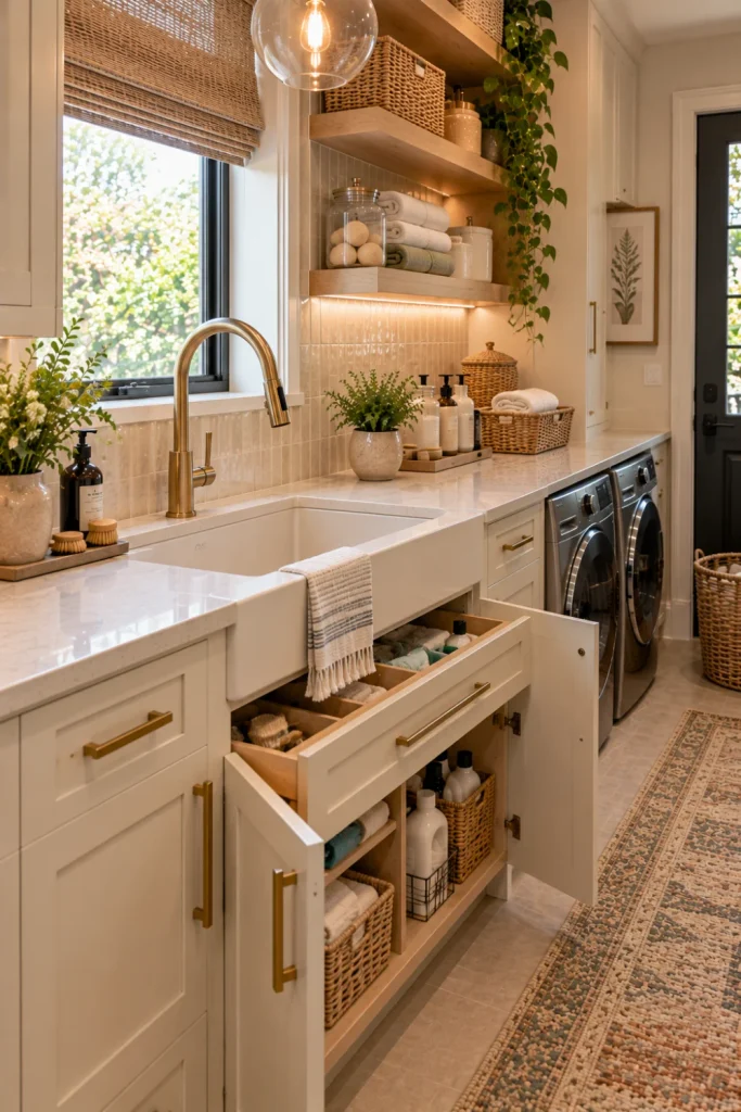 Modern laundry room featuring a sink vanity with under-sink storage, deep wash tub, quartz countertop, warm wood cabinetry, brass faucet, organized baskets, patterned tile, and modern lighting.