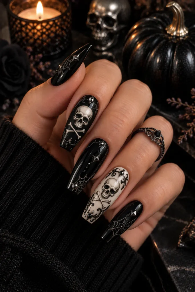 Gothic skull and crossbones Halloween nail art featuring black, ivory, and metallic silver details in a sophisticated 2026 manicure.
