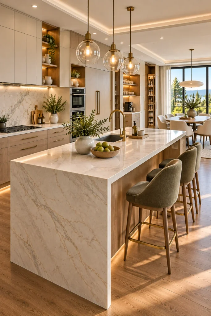 Sleek, airy, modern open kitchen with smart zoning, streamlined cabinetry, integrated appliances, warm wood accents, and elegant layered lighting.