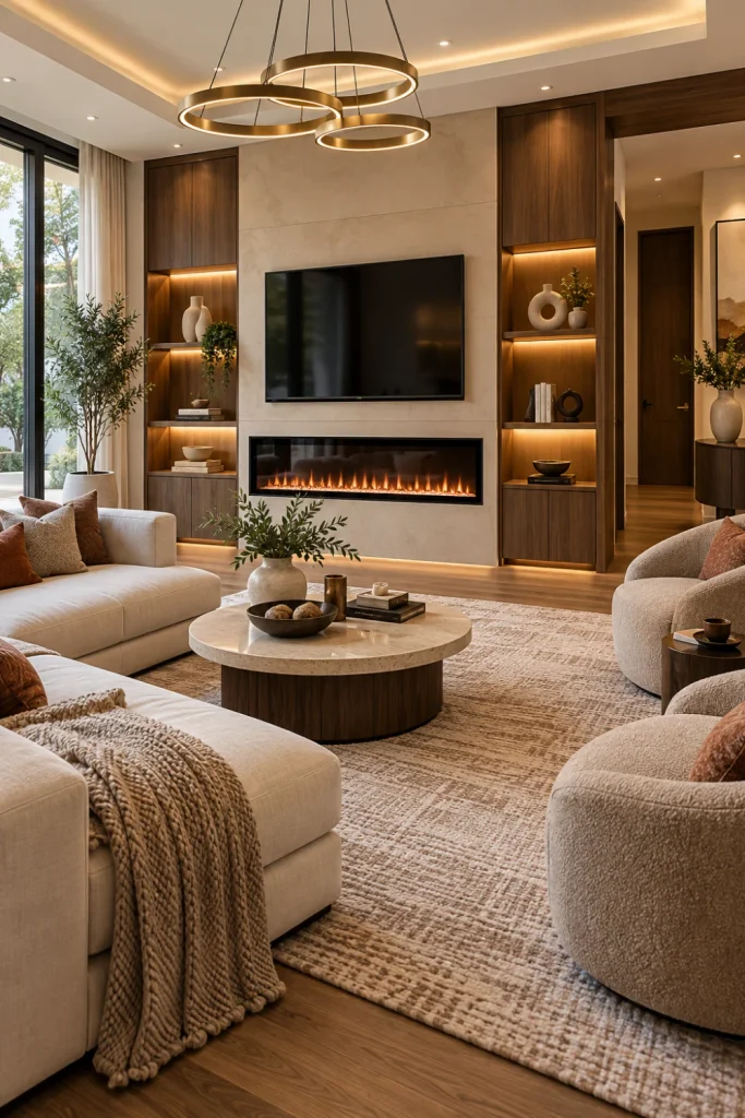 Sleek built-in electric fireplace with warm wood cabinetry, neutral modern furniture, layered rug, soft lighting, and elegant contemporary living room styling.