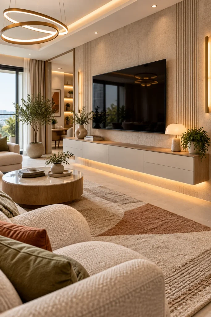 Sleek floating console cabinet in a colorful modern living room with warm wood, wall-mounted TV, layered lighting, contemporary furniture, and luxury décor.