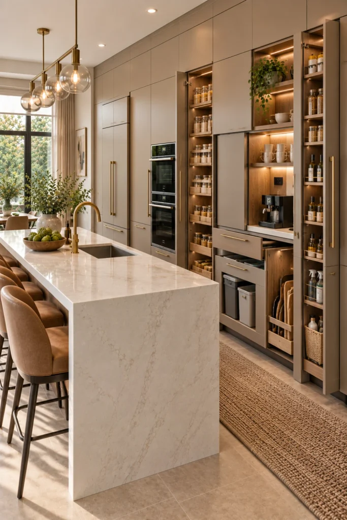 Sleek multifunctional kitchen cabinet storage system combining appliance storage, pantry zones, drawers, and concealed organization in a luxury modern kitchen.