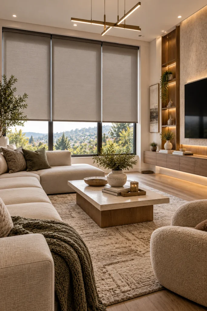 Sleek roller blinds in a contemporary living room with a streamlined sofa, modern media wall, textured rug, warm wood cabinetry, and elegant lighting.