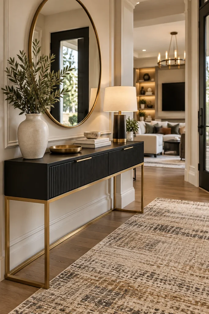 Slim black modern console table with brass accents in a luxurious contemporary foyer, styled with a round mirror, warm lighting, elegant rug, and sophisticated decor.