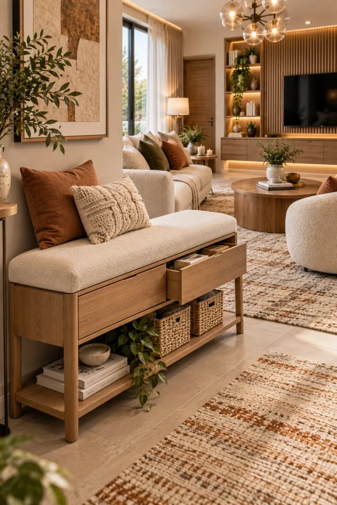 Small modern living room with a slim cream entry-style bench featuring compact storage, woven baskets, a streamlined sofa, warm wood cabinetry, textured rug, wall-mounted TV, and soft contemporary lighting.