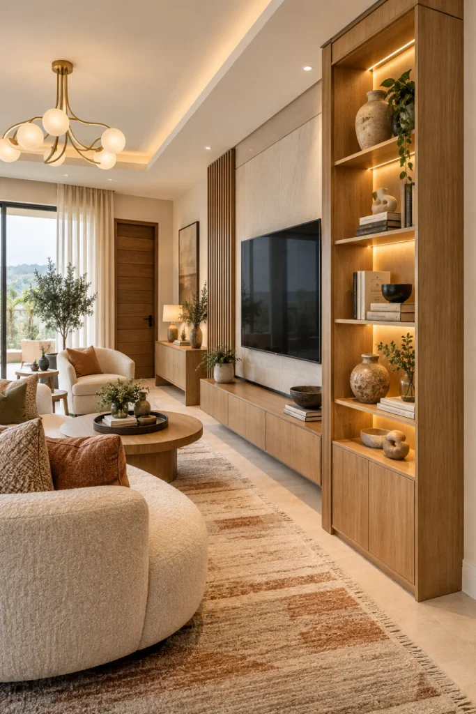 Slim floor-to-ceiling display cabinet in warm oak beside a wall-mounted television and cream sectional sofa in a luxurious contemporary living room, styled with ceramics, books, modern lighting, textured rug, and elegant decor.