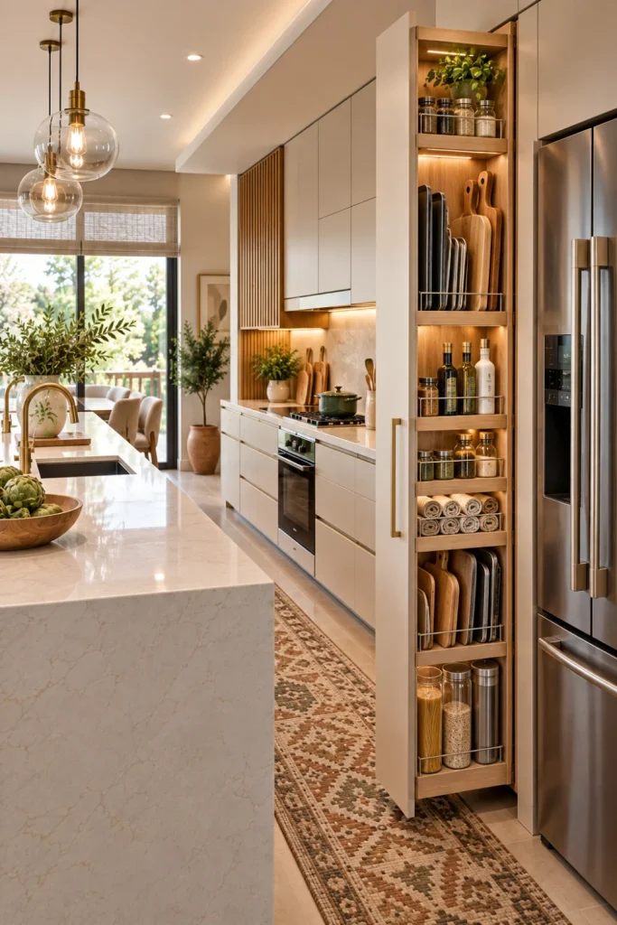 Slim vertical kitchen organizer beside contemporary cabinetry, using unused wall space for neatly arranged cutting boards, trays, pantry containers, and kitchen essentials in a bright modern kitchen.