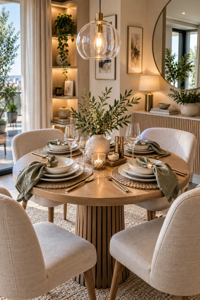Small modern dining table setting with space-saving décor, layered dinnerware, compact centerpiece, natural wood, mirror, and contemporary lighting.