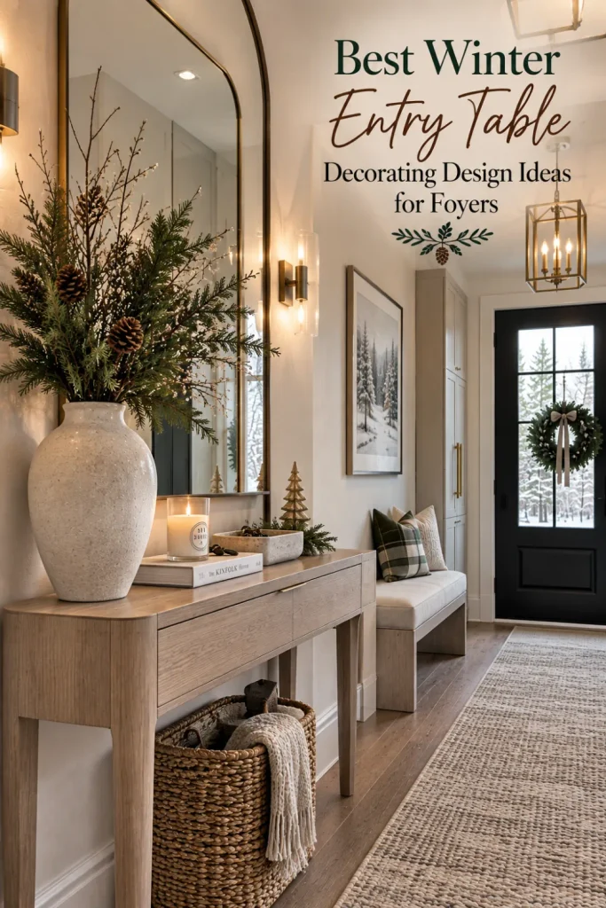 Small foyer entry table with space-saving winter decor, tall vase, mirror, compact storage tray, and modern seasonal styling.