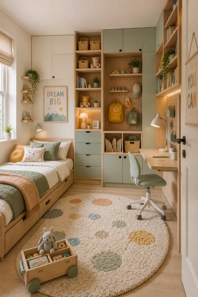 Small modern kids’ room makeover with tall vertical shelving, wall storage, under-bed drawers, natural wood furniture, sage accents, and smart 2026 design.