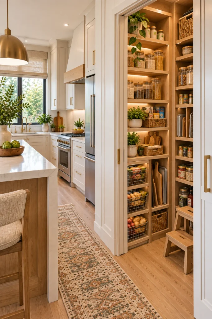 Small modern kitchen pantry corner with narrow open shelves, pull-out baskets, adjustable organizers, glass containers, warm oak accents, and contemporary cabinetry.