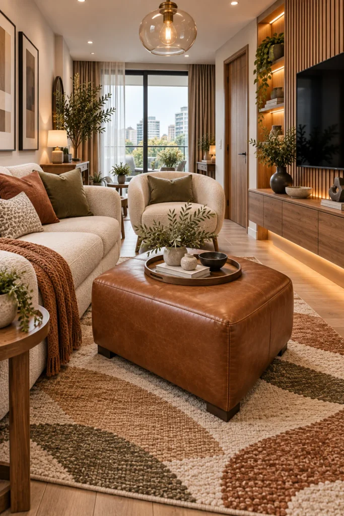 Small caramel leather ottoman coffee table in a stylish compact apartment living room with cream boucle sofa, ivory chair, layered neutral rug, fluted oak wall, mounted TV, warm LED cabinetry, walnut console, and modern lighting.