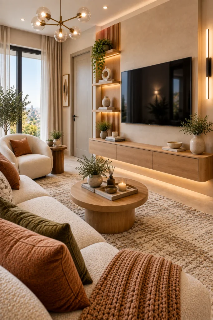 Stylish small modern living room with a wall-mounted flat-screen TV above a slim floating storage console, soft beige feature wall, cream compact sofa, round oak coffee table, textured rug, discreet LED lighting, modern door, and minimalist decor.