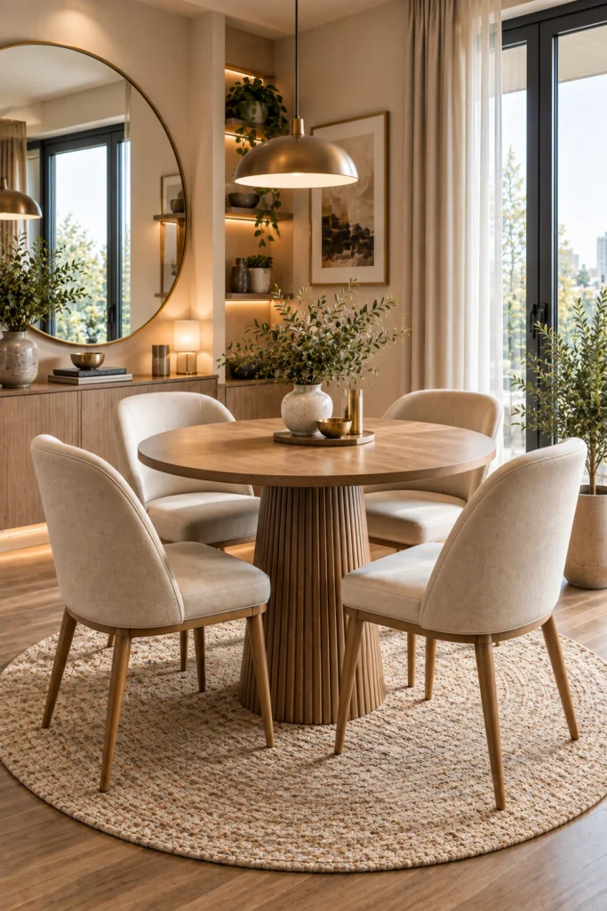 Small-space dining room set with a compact round table, slim chairs, built-in cabinets, mirror, and stylish modern décor.