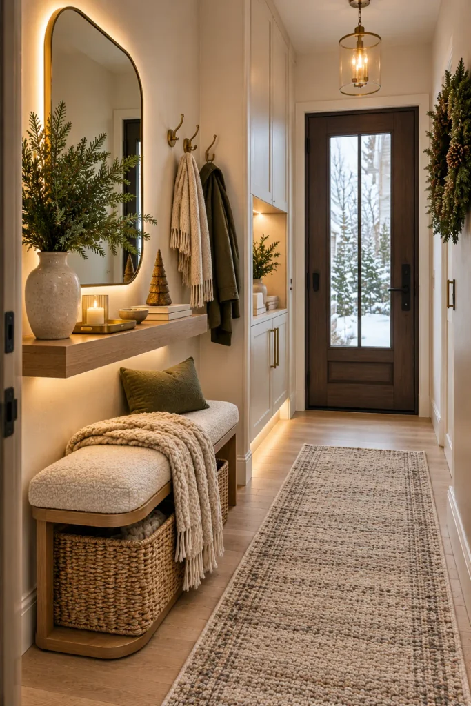 Small-space winter entryway with vertical wall hooks, floating shelf, compact modern bench, woven storage basket, winter wreath, mirror, and warm lighting.