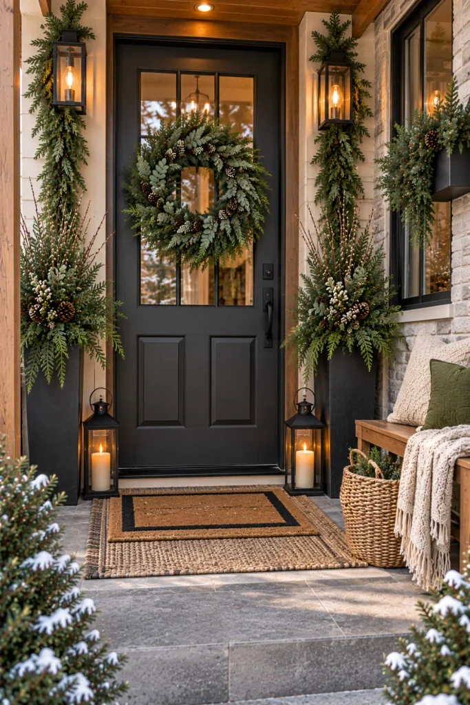 Small-space winter porch with narrow planters, wall-mounted greenery, compact lanterns, layered textiles, and modern décor.