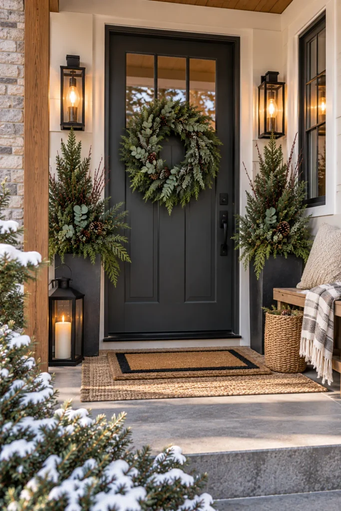 Small winter porch with vertical greenery, slim planters, compact lanterns, layered mats, and stylish textured accents.