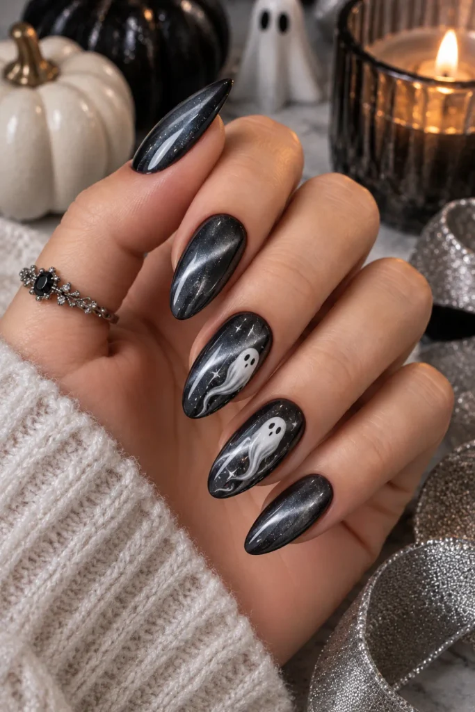 Smoky gray cat-eye Halloween nails with luminous magnetic shimmer and delicate ghostly white accents in an elegant 2026 manicure.